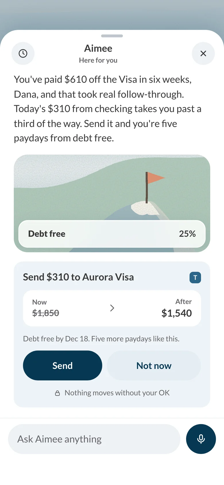 Aimee's chat: she notes Dana has paid $610 off her Visa in six weeks and offers a card to send $310 more, showing the balance now and after, with Send and Not now buttons and the line Nothing moves without your OK